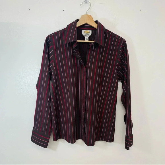 Talbots Blouse  Woman 12P Brown Stripe Wrinkle Resist Stretch Casual Office Work - Picture 1 of 11
